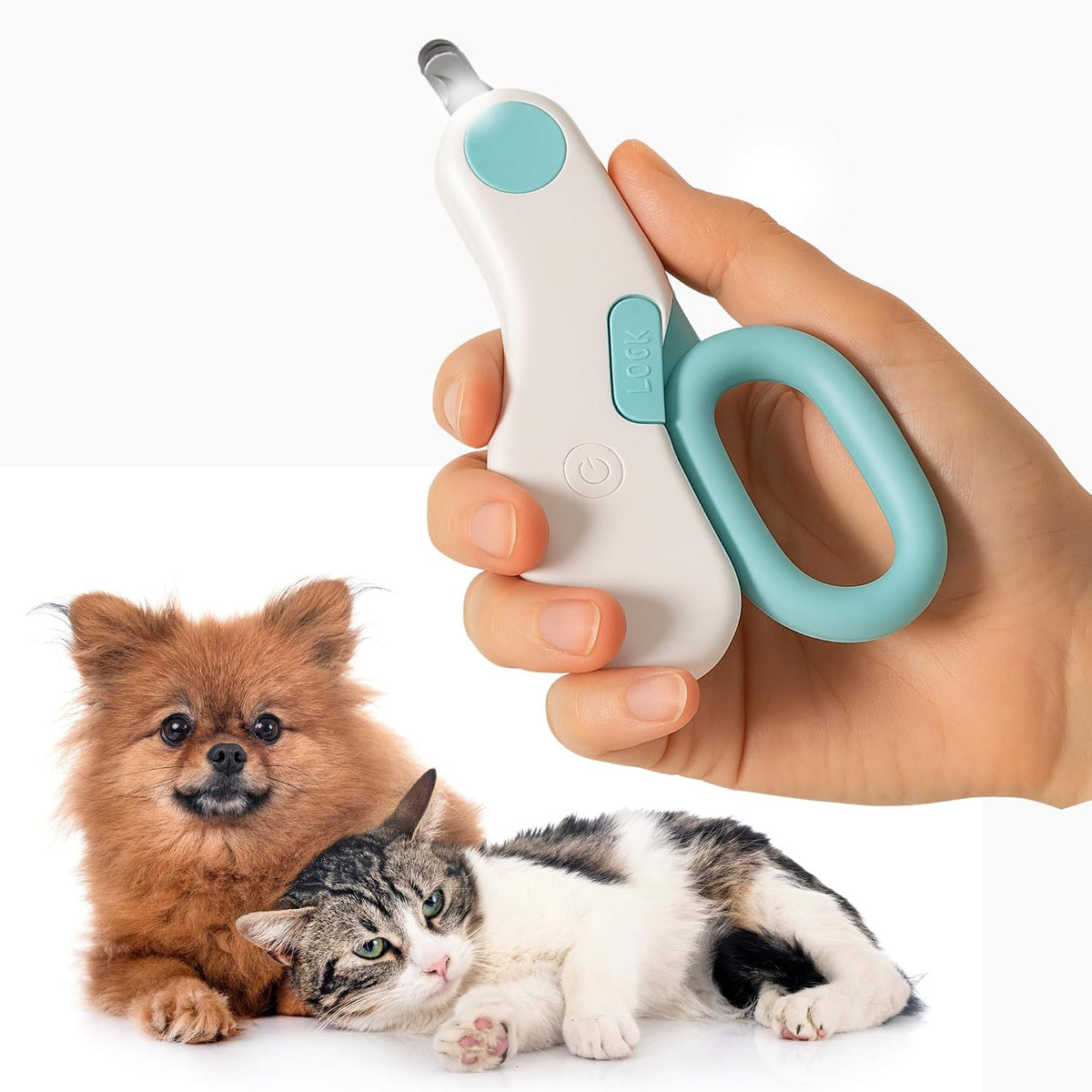 GadgetPawsUSA LED pet nail clipper front view showing the ergonomic white and green handle.