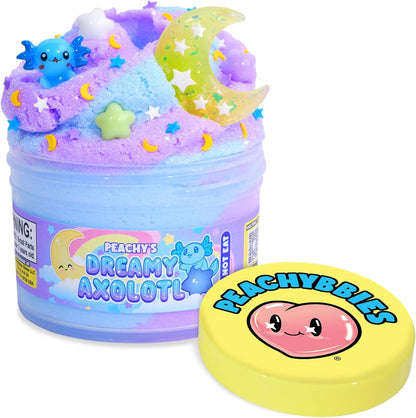 Peachybbies Dreamy Axolotl Cloud Slime front view showing purple and blue swirl dough container