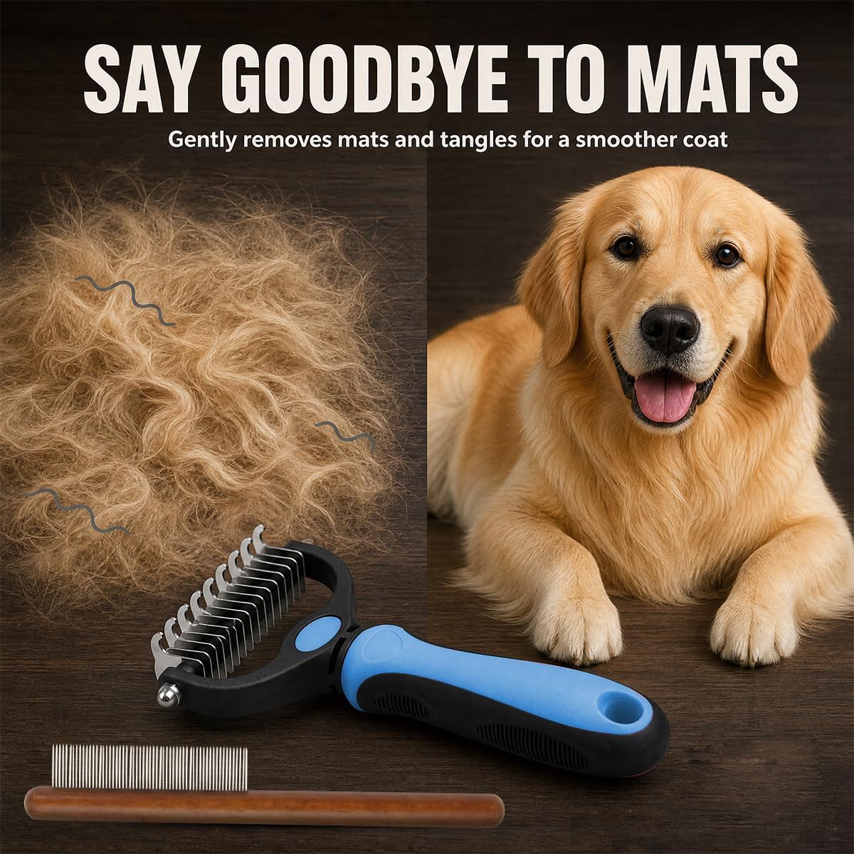 Pet Pro dual-sided brush showing wooden handle grip