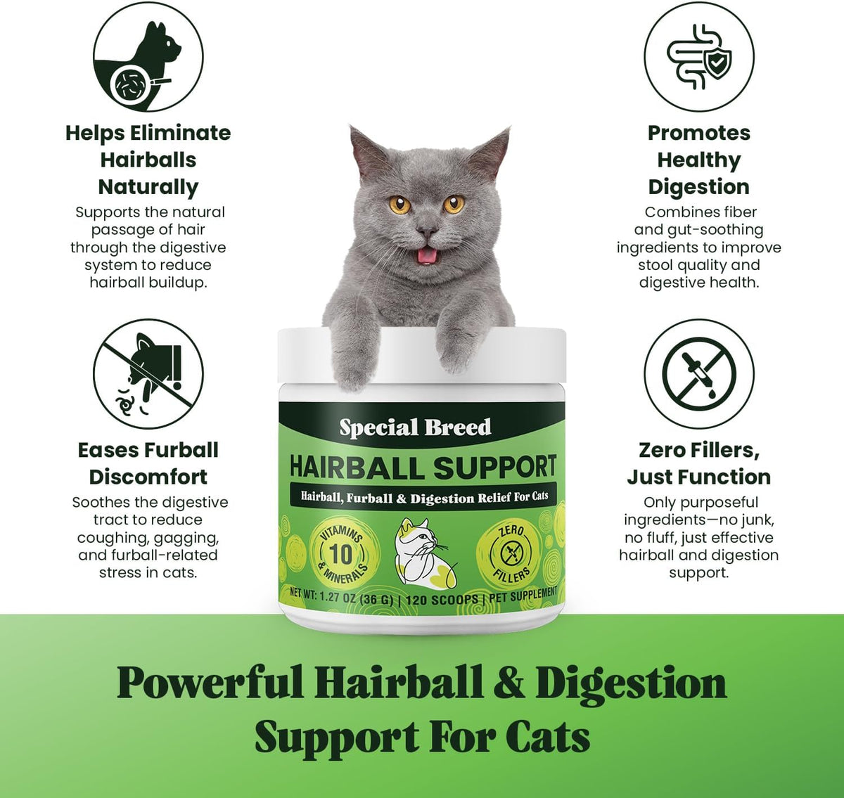 Special Breed furball remedy powder jar highlighting 10 active ingredients for feline digestive health