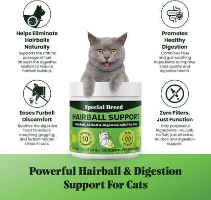 Special Breed furball remedy powder jar highlighting 10 active ingredients for feline digestive health