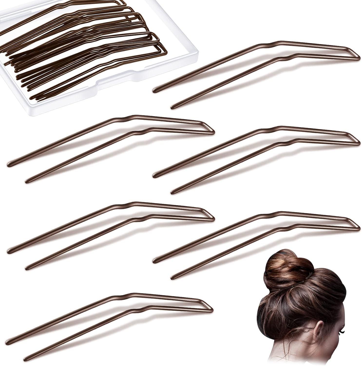 Waydress U Shaped Hair Pins front view of brown metal hairpins pack