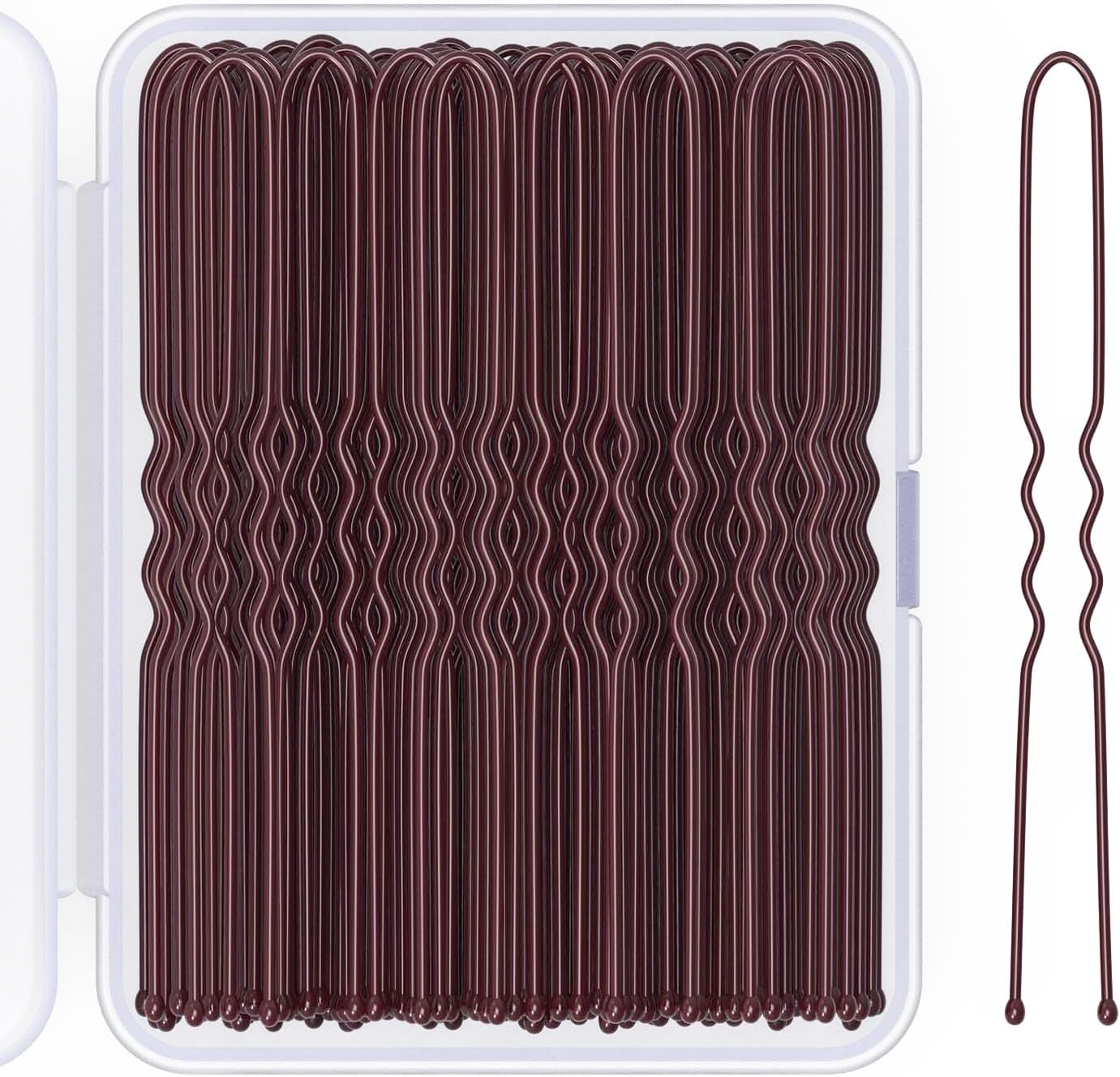Giofumi U shaped hair pins brown 100 count front view in clear storage box