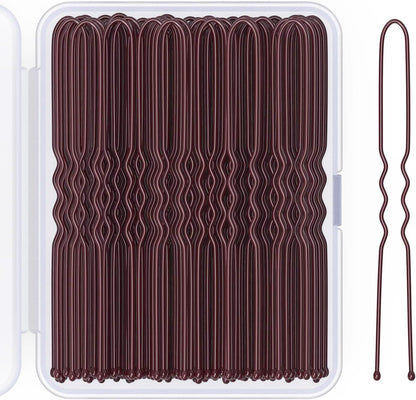 Giofumi U shaped hair pins brown 100 count front view in clear storage box