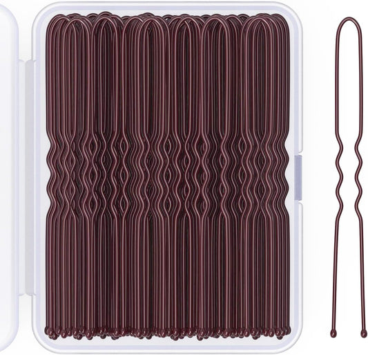 Giofumi U shaped hair pins brown 100 count front view in clear storage box