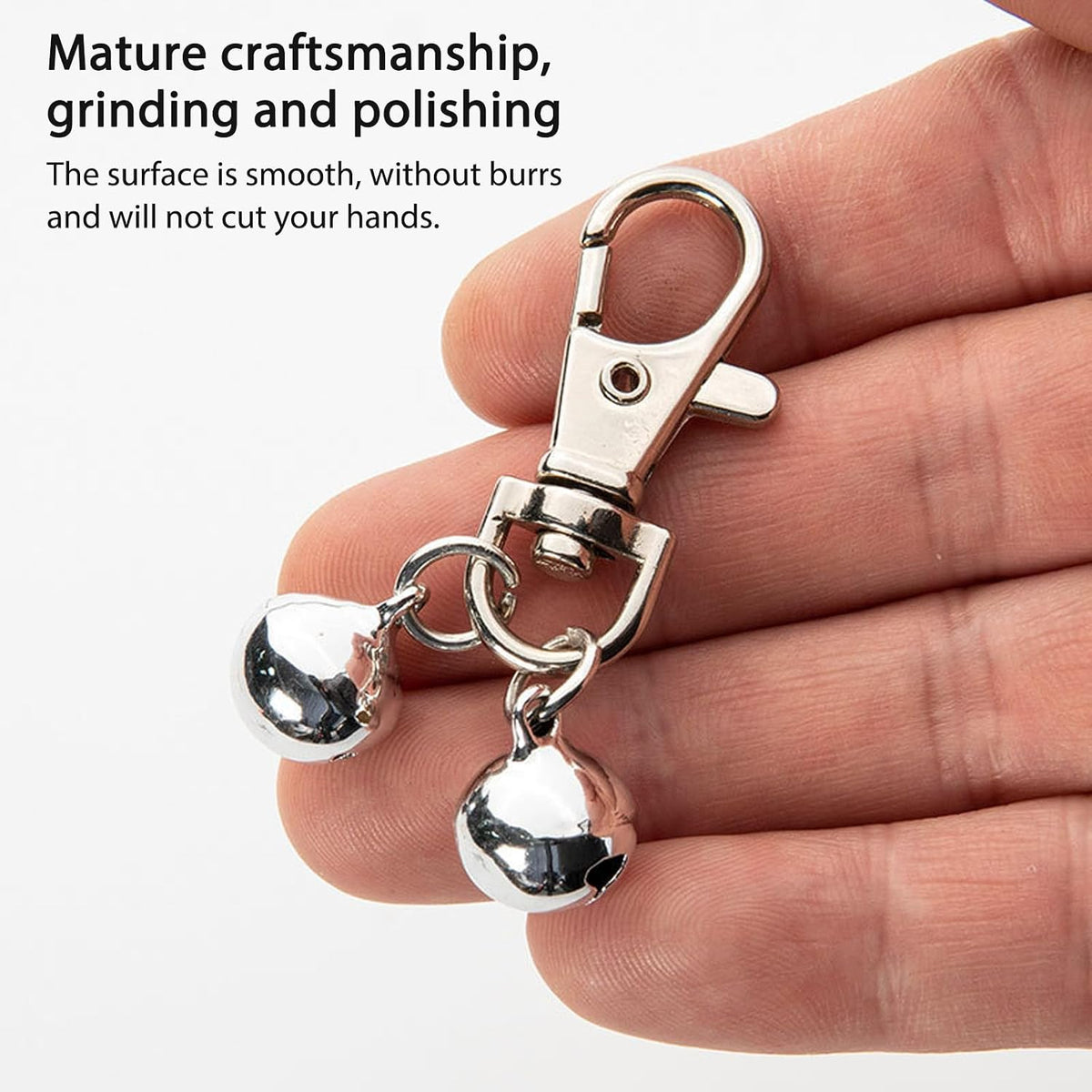 Close up of the durable rust resistant alloy carabiner clip on the pet tracking bell.