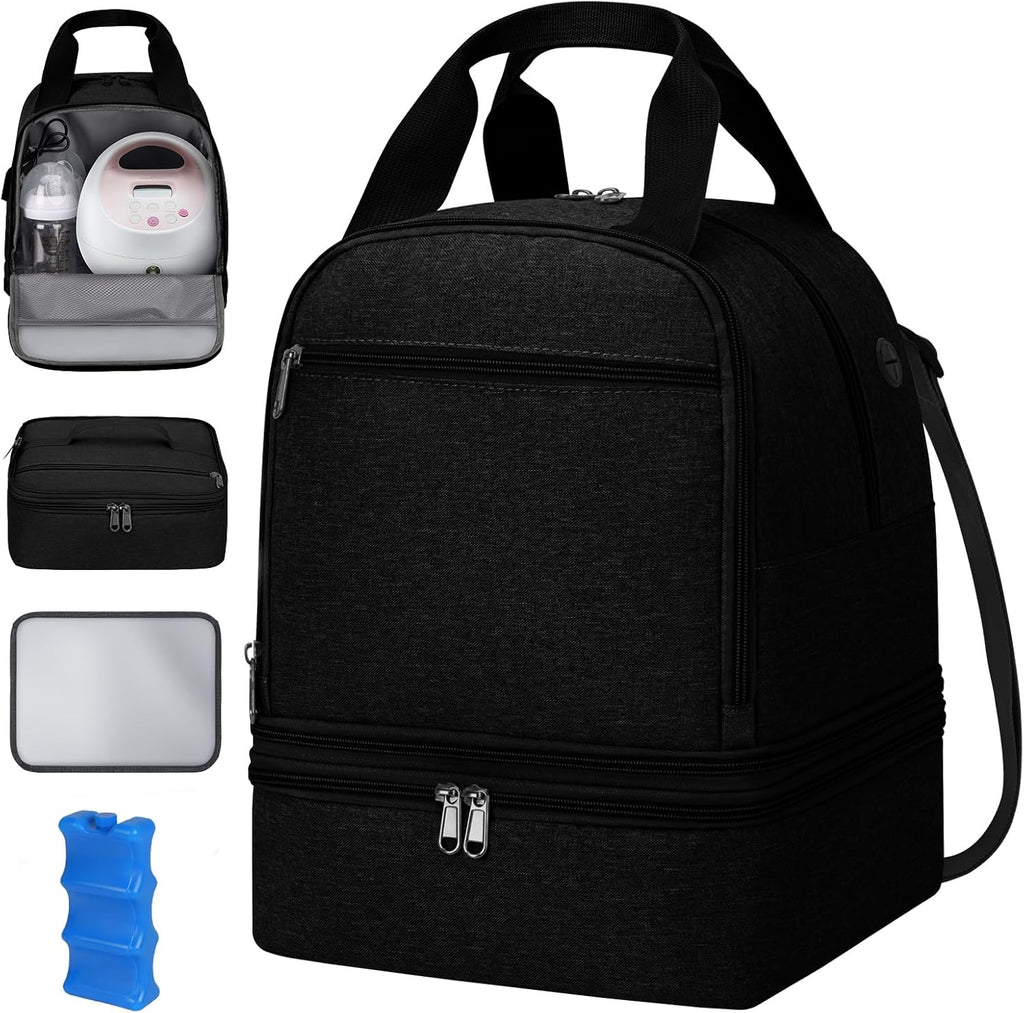 OCKLILY breast pump bag front view in black polyester fabric