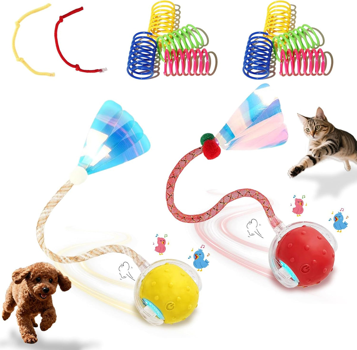 2-Pack Interactive Cat Toys Ball for Indoor CatsDog,Automatic Cat Toy with Smart Obstacle Avoidance&Bird Chirps,Includes 8 Cat Spiral Spring,Cat Enrichment Toys for Indoor Cats(RedBlue) - Image 12