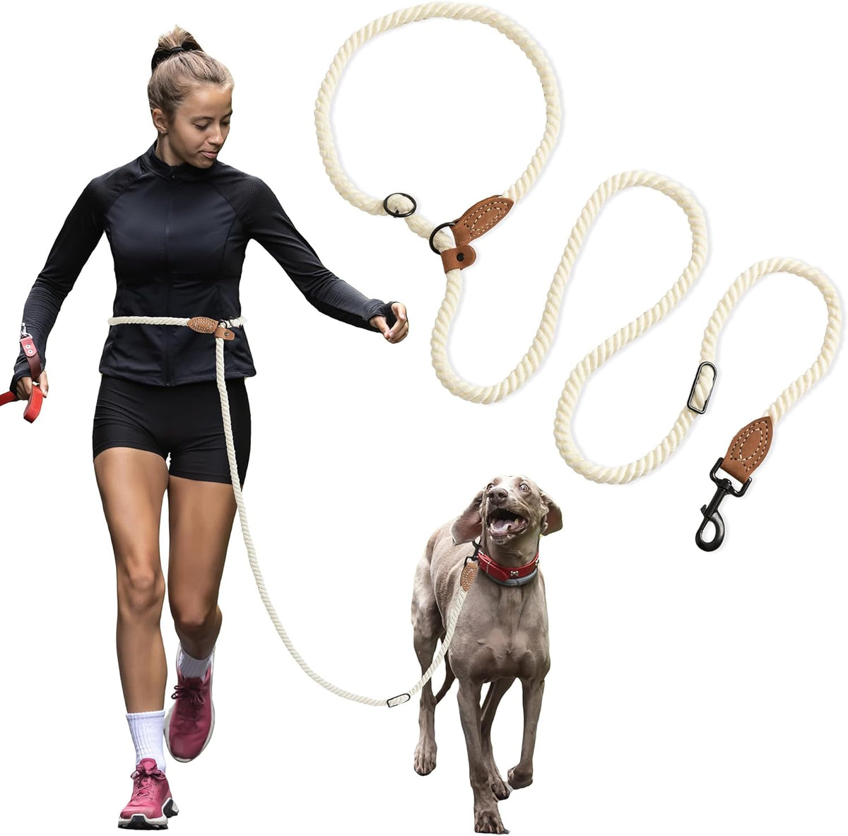 Mile High Life Double Dog Leash - Hands Free, Multifunctional Dual Dog Leash, 360 degrees Swivel, Leather Tailored Connection for Two Dogs (Black Khaki, 8FT) - Image 13