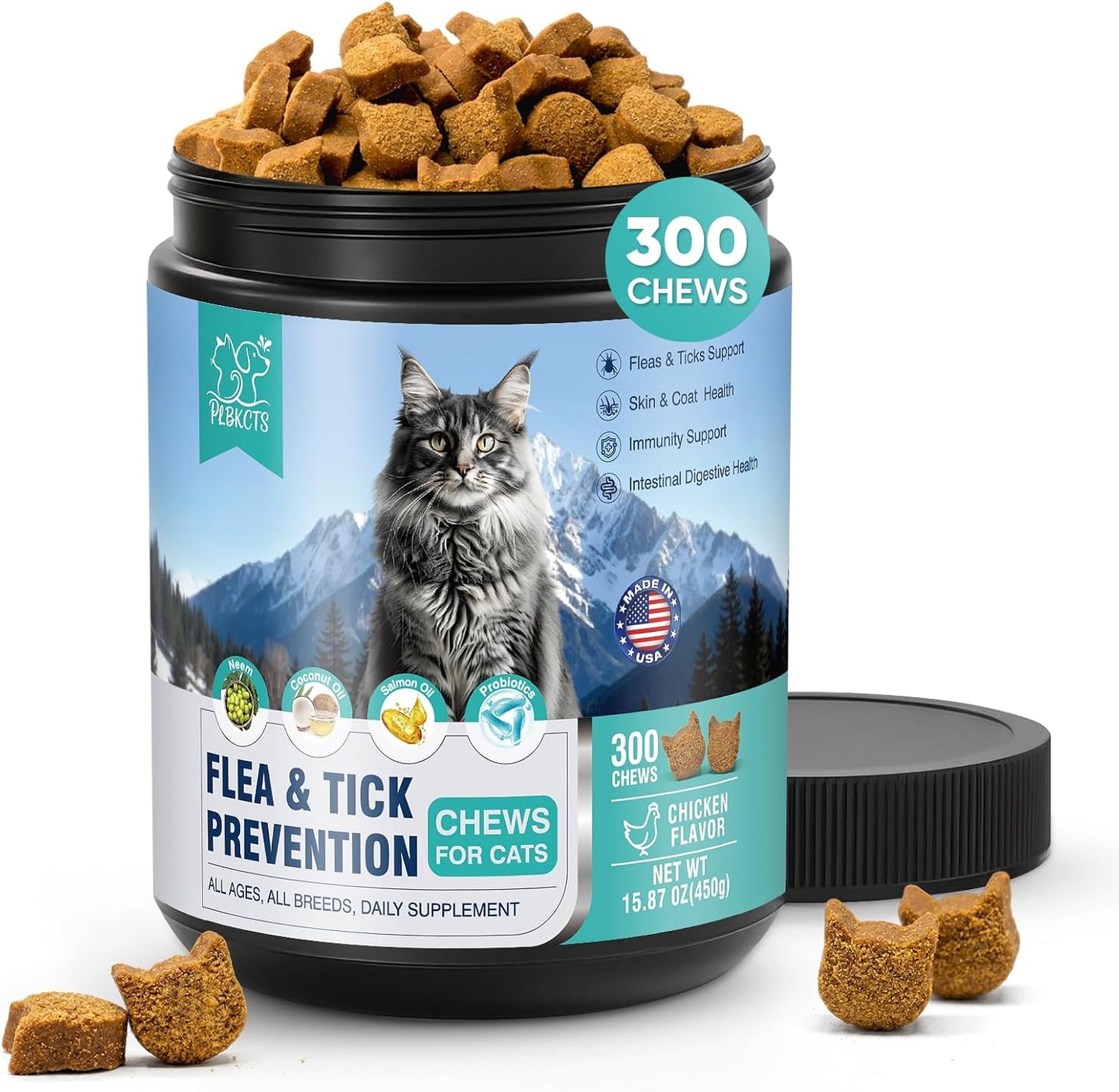 Plbkcts Flea and Tick Prevention for Cats 300 count bottle front view