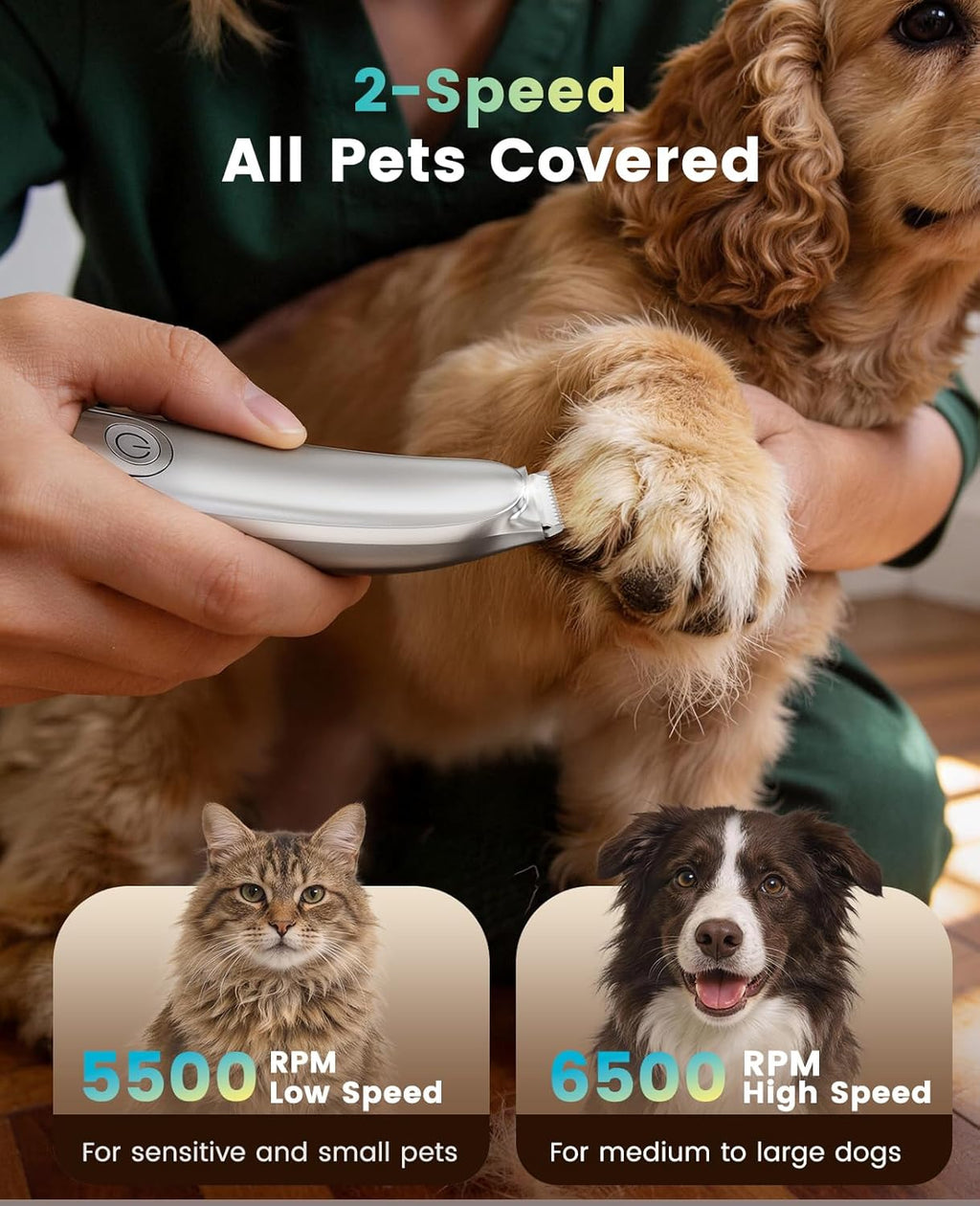 Low noise pet grooming trimmer close-up of the curved safety blade.