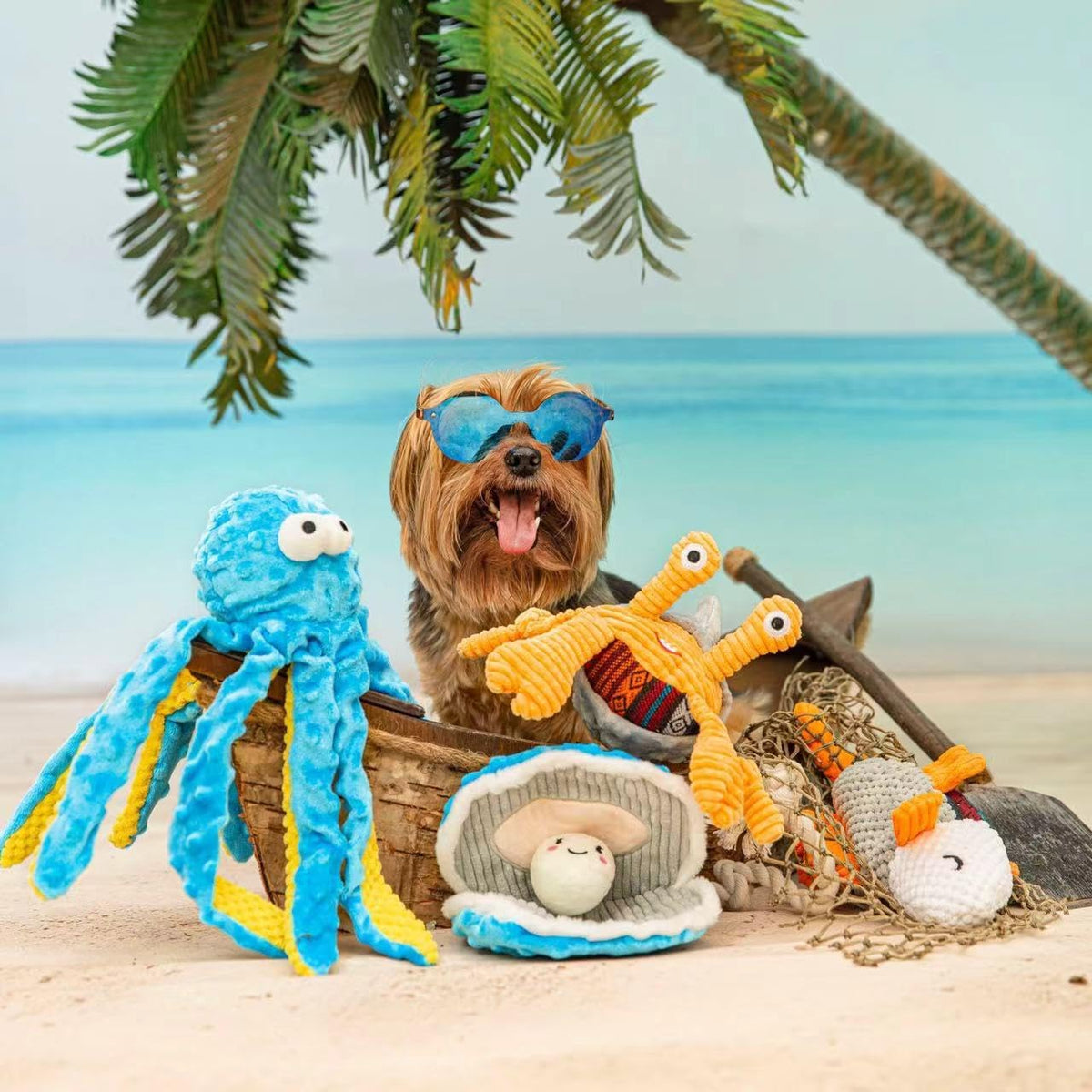 Blue octopus dog toy with extended rope legs for interactive tug of war games