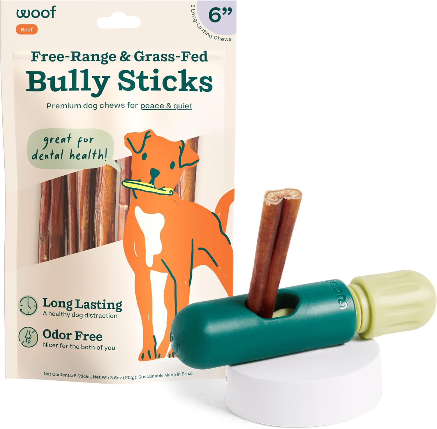 WOOF BullySafe holder and bully sticks front packaging view for safe dog chewing