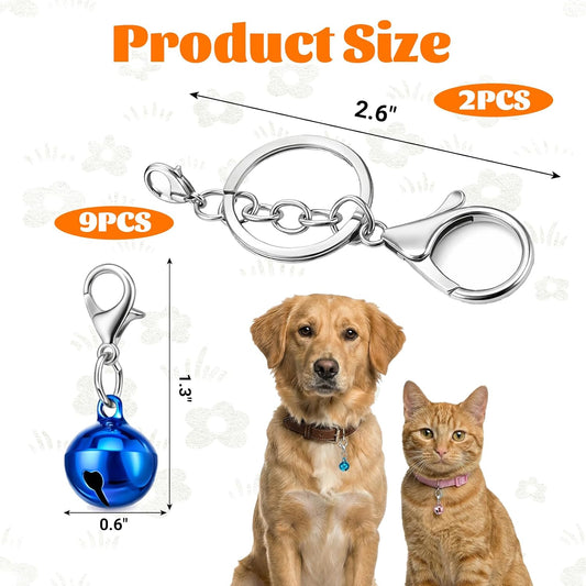 WJIAAA round metal cat collar bells with two included keychains on a clean background for tracking pets