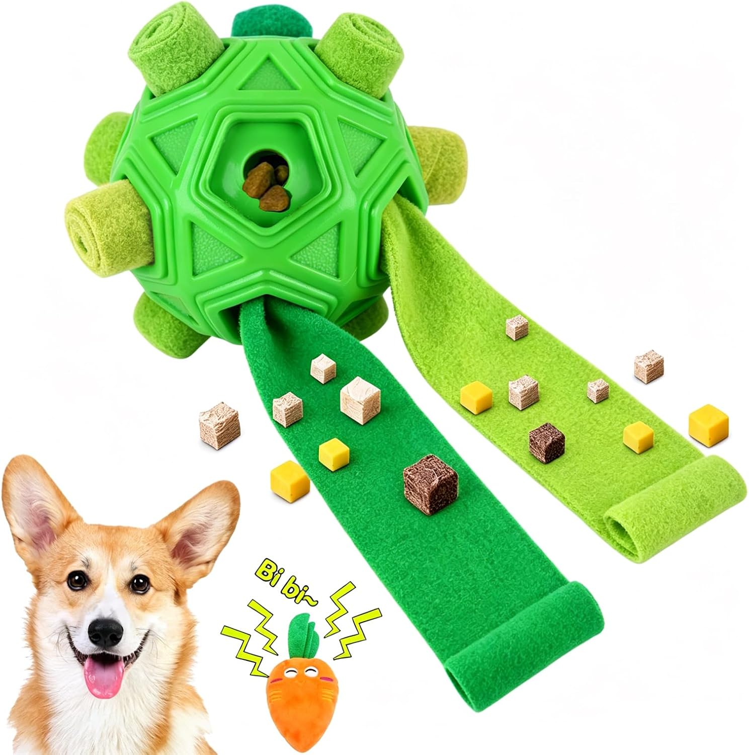 Dog Snuffle Ball-Interactive Puzzle Dog Toys Encourage Natural Foraging Skills Slow Feeder for Training and Stress Relief, Cloth Strip Hiding Food Dog Toys with Squeaky Carrot Toy for Any Size - Image 13