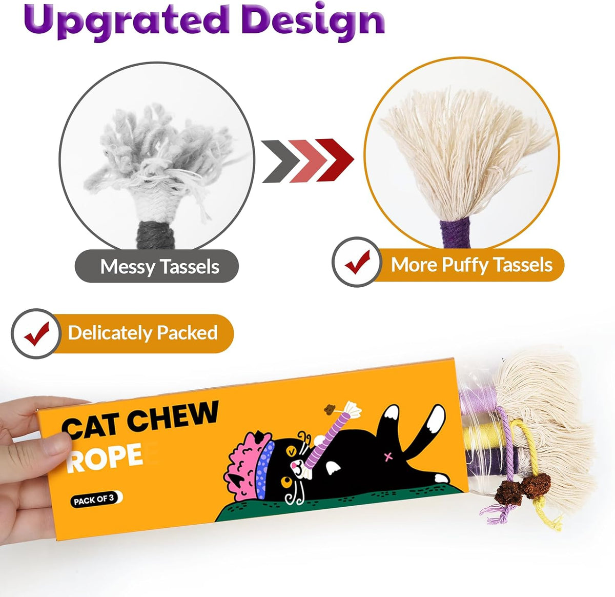 Close up of wire-free cotton cat teething rope toy