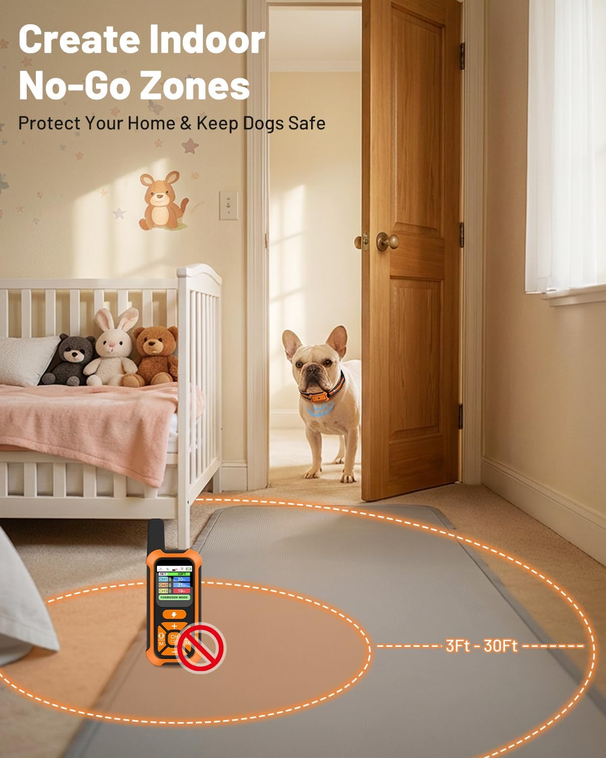 LYZPET indoor barrier blocker device positioned next to a living room couch to establish safe indoor boundaries.
