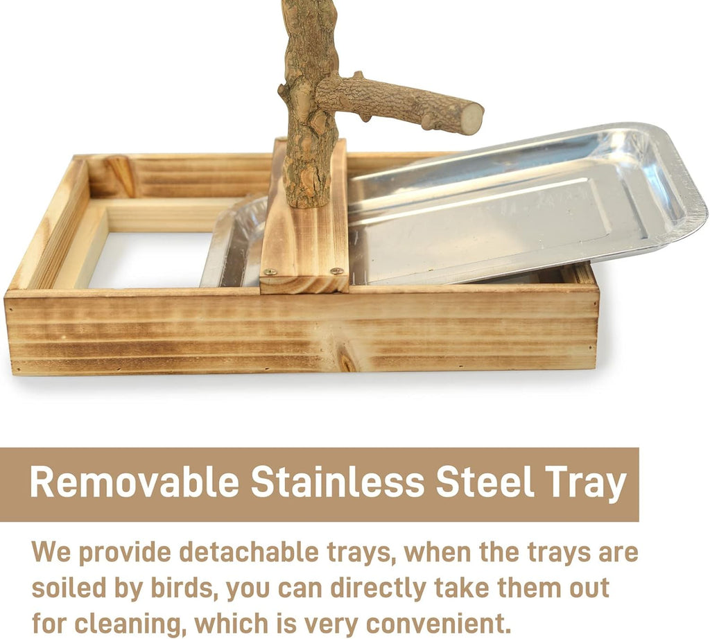 LIMIO Natural Wood Bird Toys Playground, Bird Cage Accessories, Bird Perches, with Removable Tray and 2 Stainless Steel Cups - Image 2
