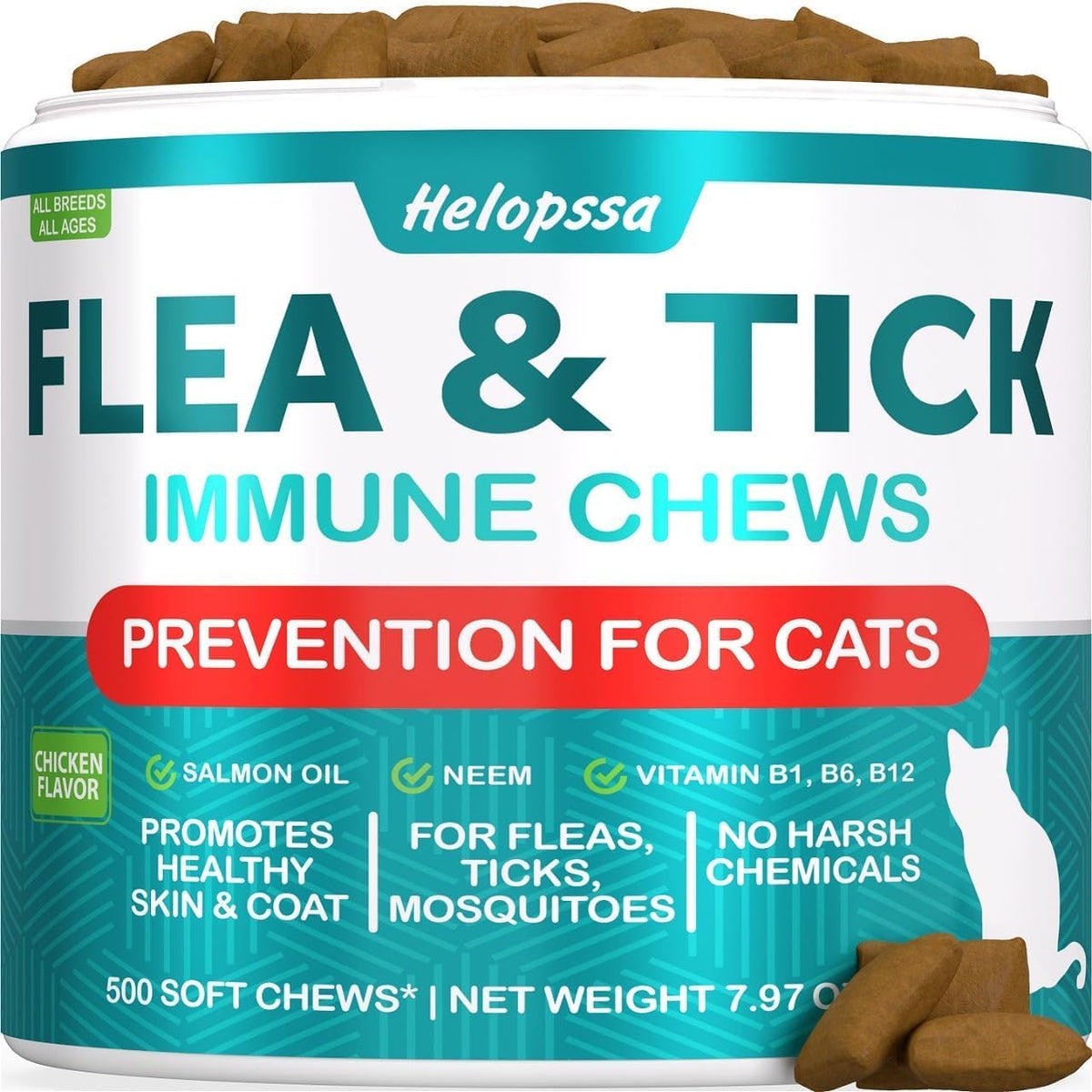 Helopssa cat flea support soft chews bottle front view for healthy skin and coat