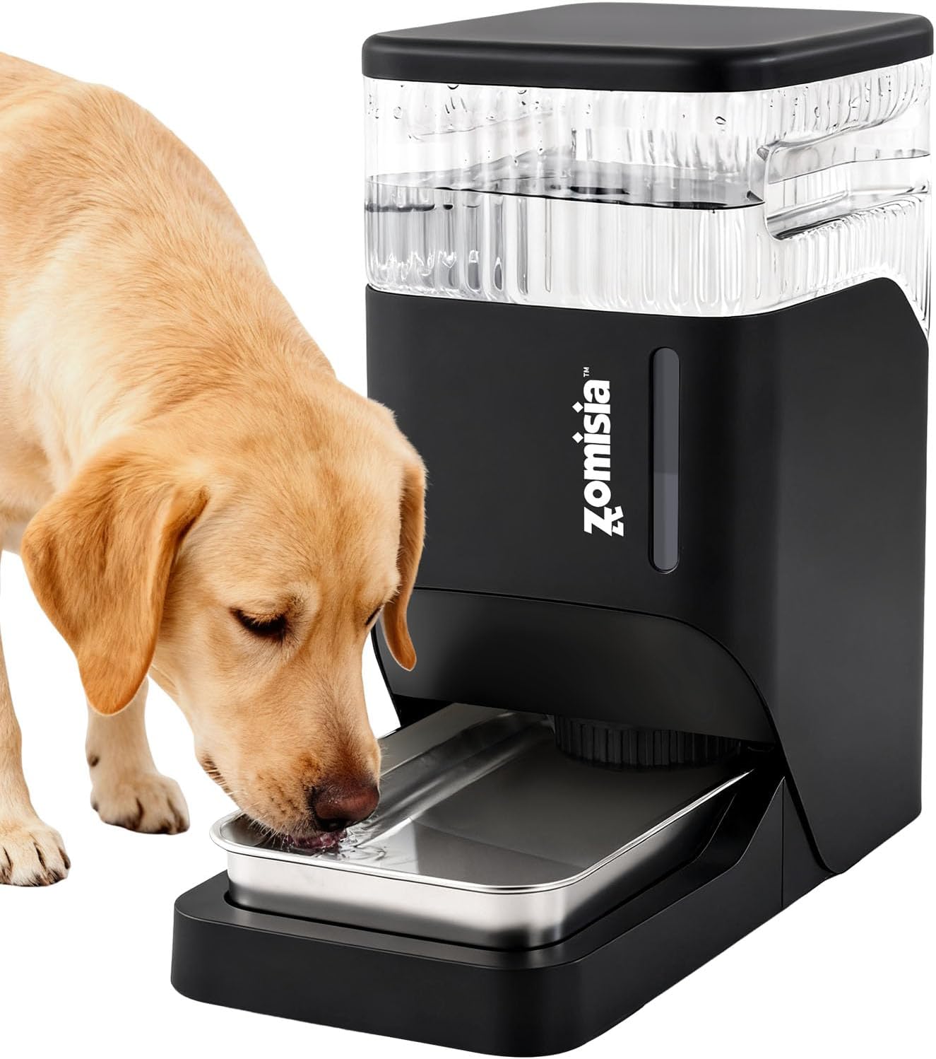 ZOMISIA automatic dog water dispenser 8L front view showing black gravity tank and stainless steel bowl