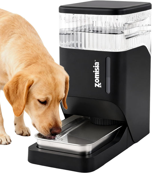 ZOMISIA automatic dog water dispenser 8L front view showing black gravity tank and stainless steel bowl