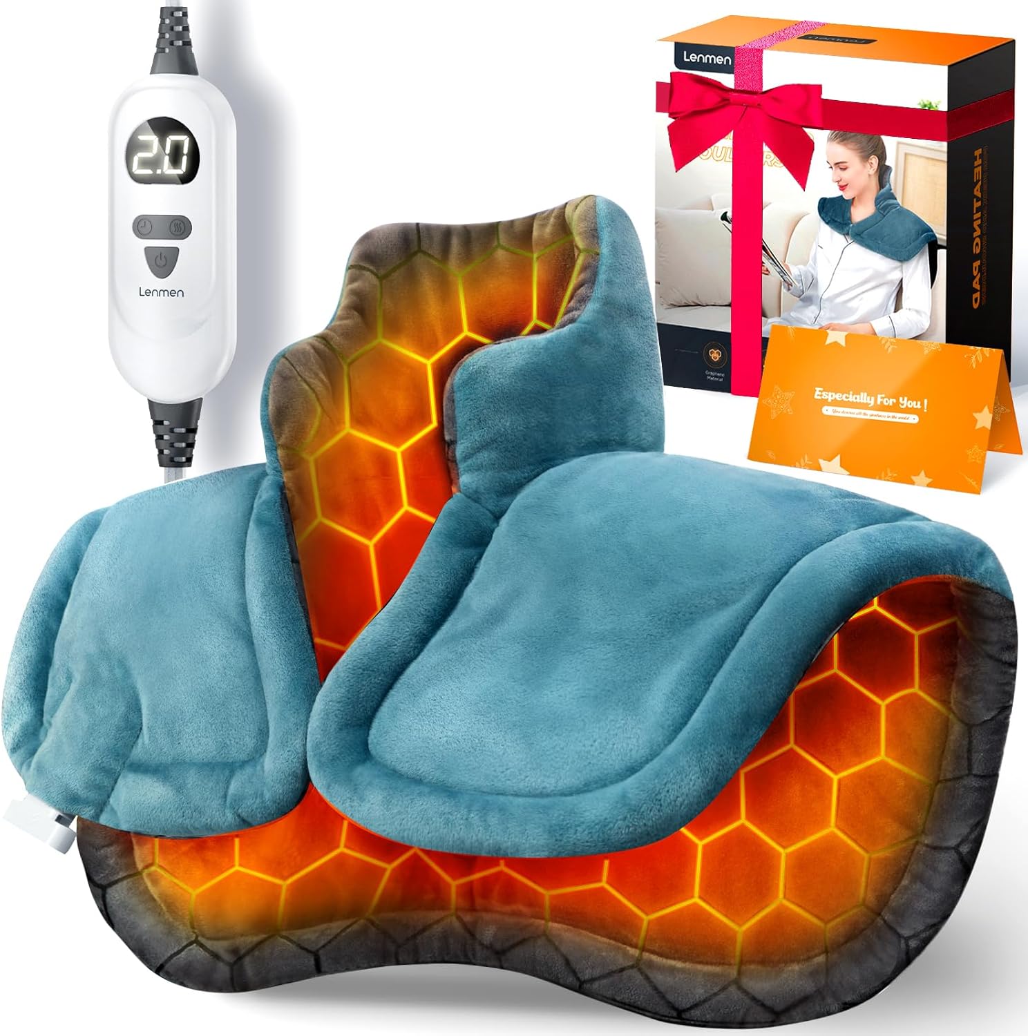 Lenmen graphene infused weighted heating pad front view showing blue plush fabric wrap
