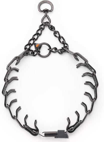 Close up view of the authentic German engineered Herm Sprenger pinch collar with Biothane insert.