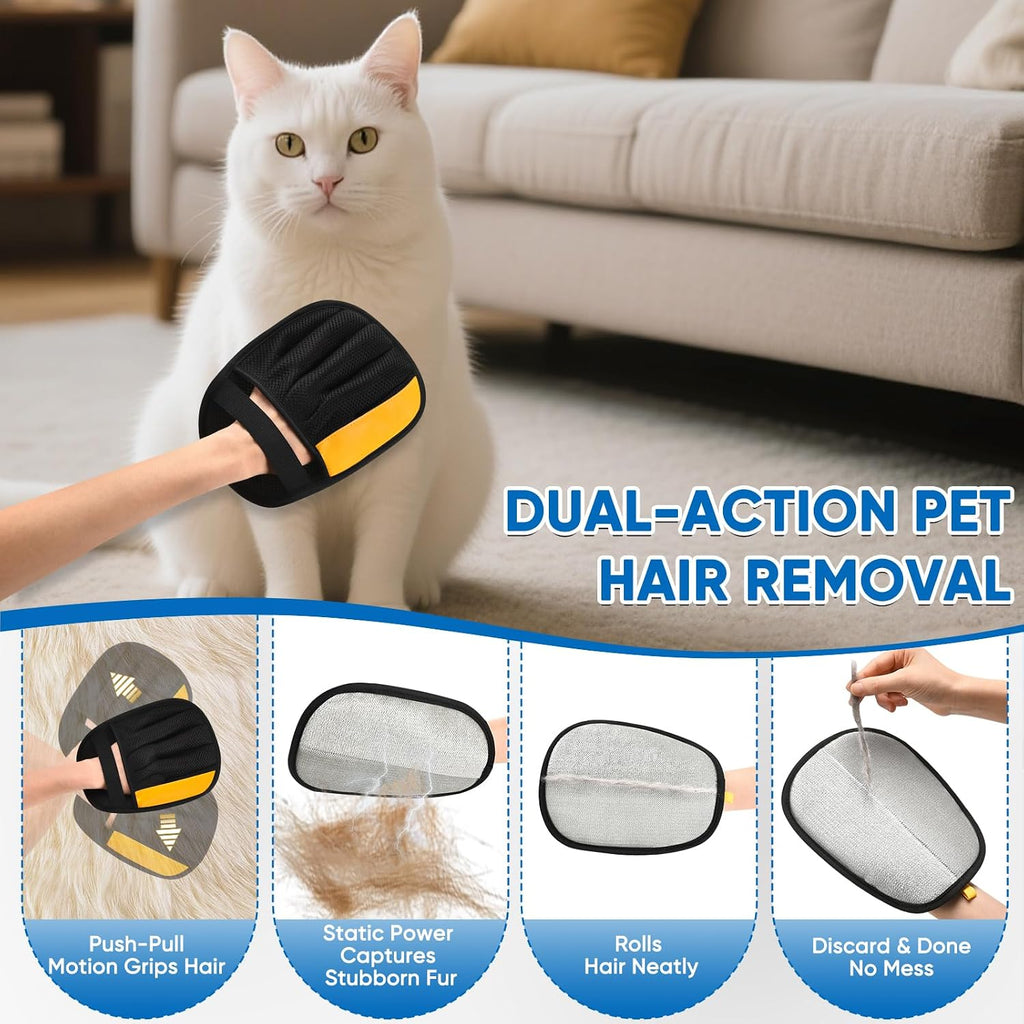Pet hair removal glove being used on car seat upholstery