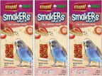 Close up of A&E Cage Company Smakers bird treat stick with strawberry pieces