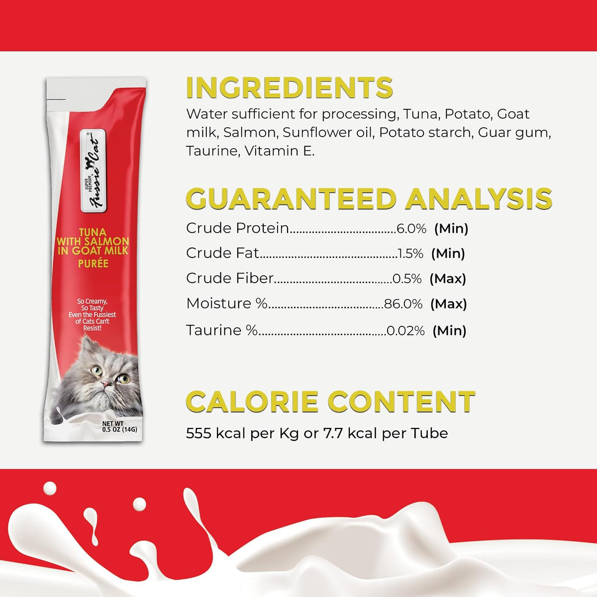 Close up of Fussie Cat Tuna and Salmon Goat Milk puree packaging