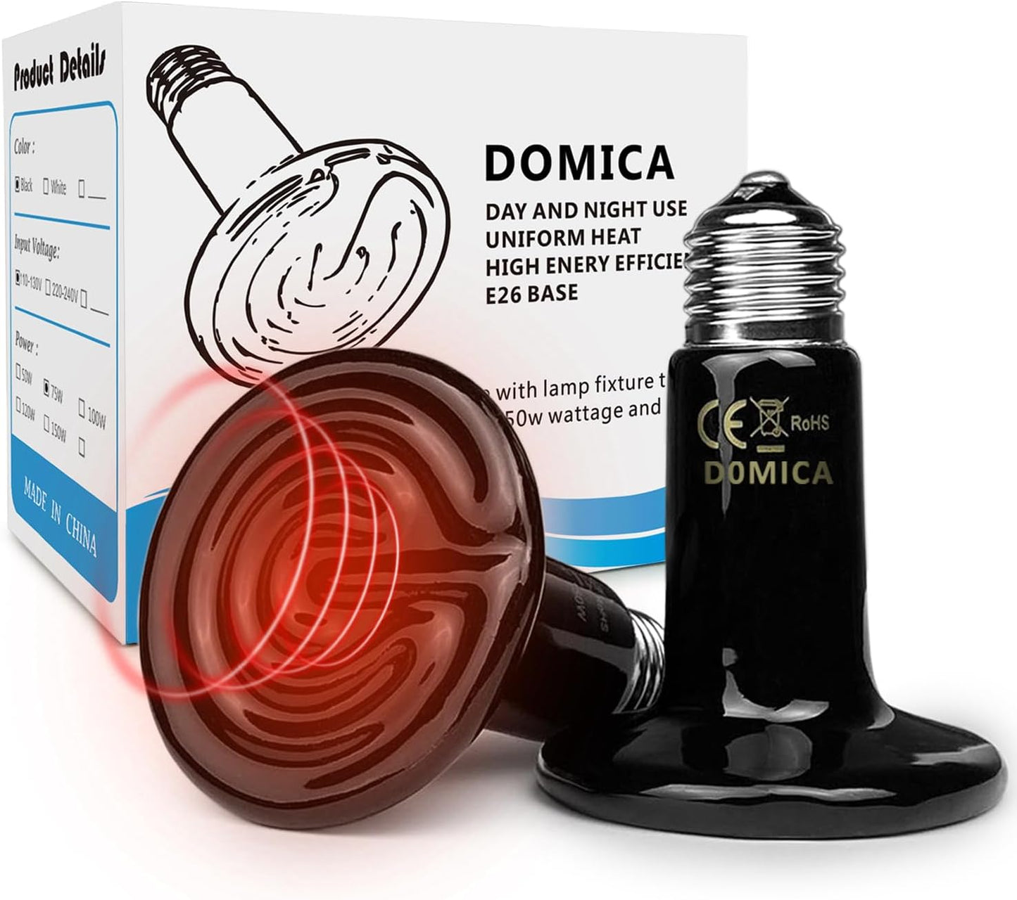 Aiicioo Domica 150W Reptile Heat Bulb front view showing black ceramic finish.