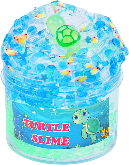 Haixforu clear glitter slime kit front view showing blue crunchy slime container with turtle toy inside.