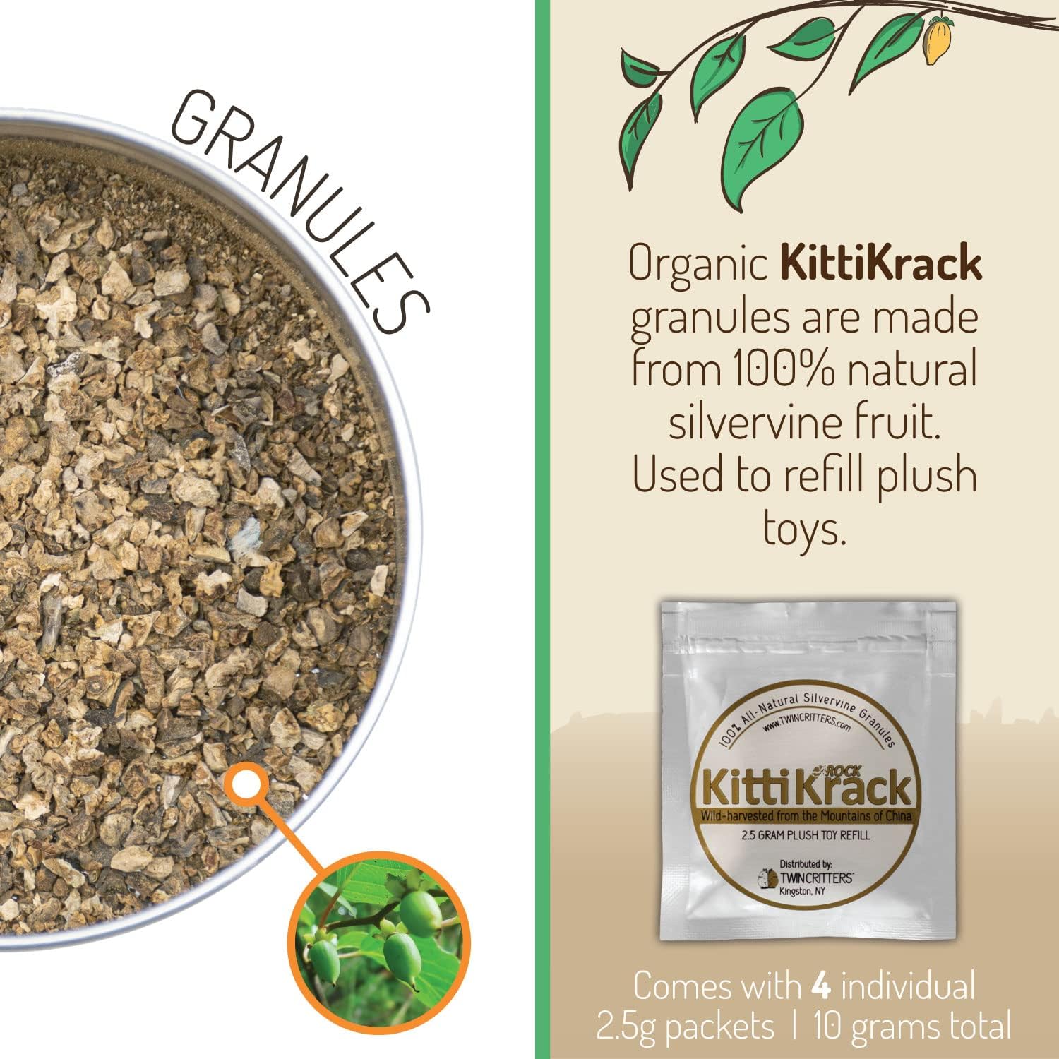 TwinCritters catnip alternative packaging showing product weight and ingredients