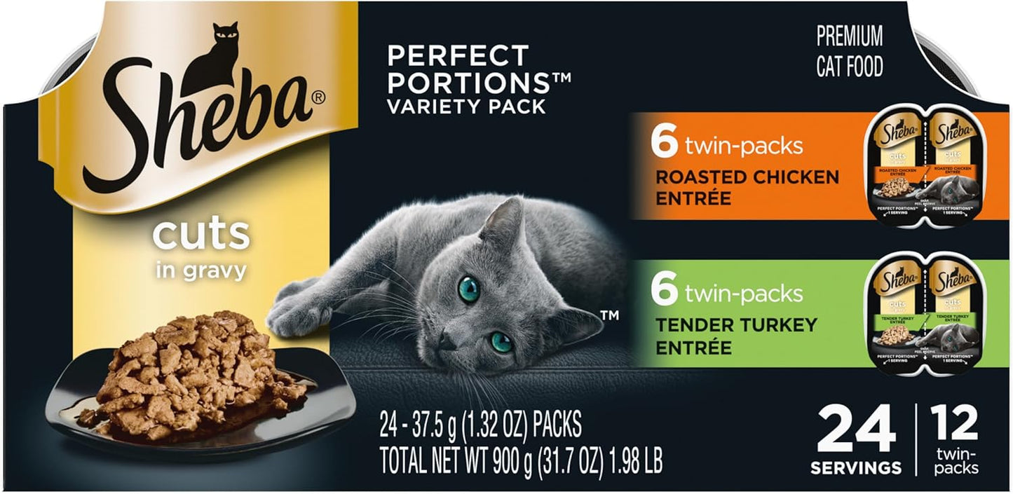 Sheba Perfect Portions Wet Cat Food Cuts in Gravy, Cat Food Wet Recipe, Roasted Chicken Entree, with Sustainable Salmon, Tender Turkey Entree, 2.6 oz. Twin-Pack Trays (24 Count, 48 Servings) - Image 10