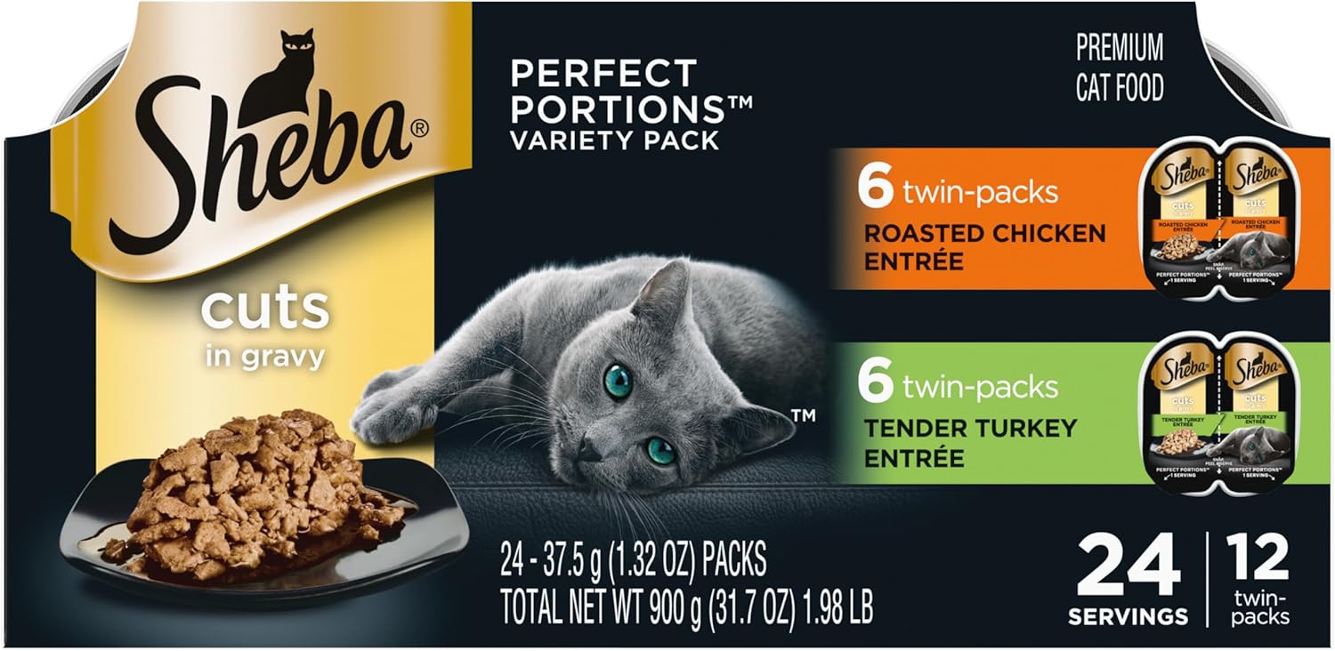 Sheba Perfect Portions Wet Cat Food Cuts in Gravy, Cat Food Wet Recipe, Roasted Chicken Entree, with Sustainable Salmon, Tender Turkey Entree, 2.6 oz. Twin-Pack Trays (24 Count, 48 Servings) - Image 10
