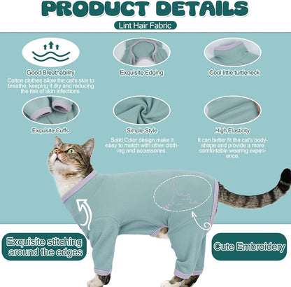 Sphynx cat wearing sage green recovery suit after surgery