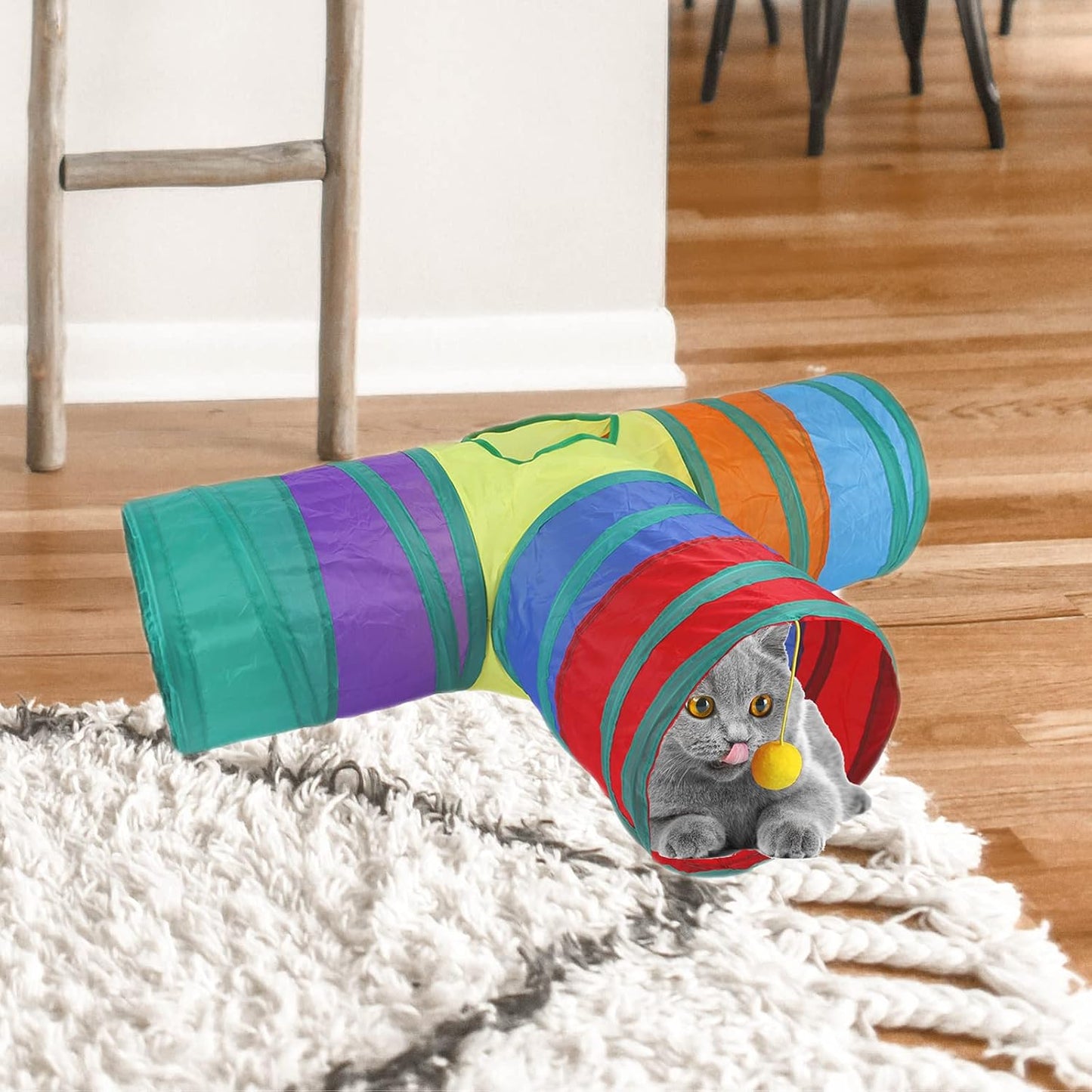 Durable polyester pet tunnel with central peek hole ventilation for indoor cats