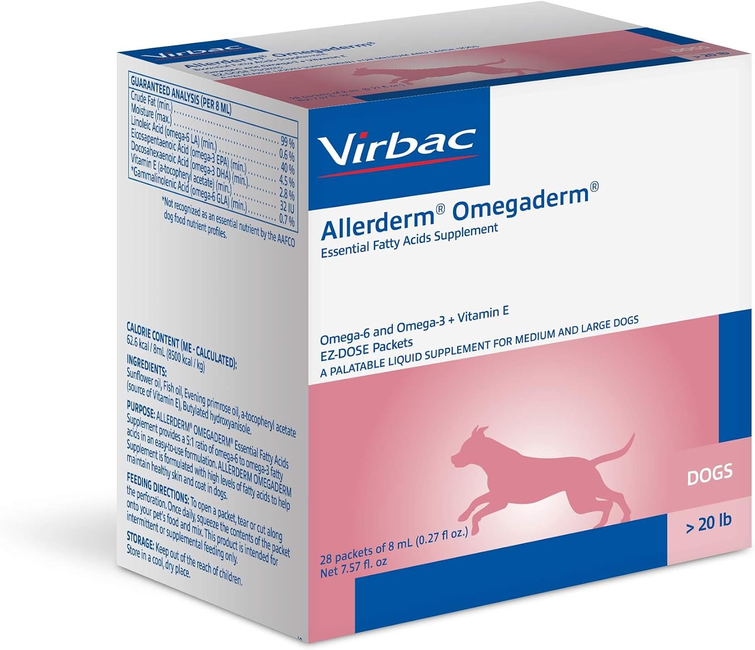 Back packaging of Allerderm Omegaderm supplement detailing the optimal five to one ratio of fatty acids and vitamin E.