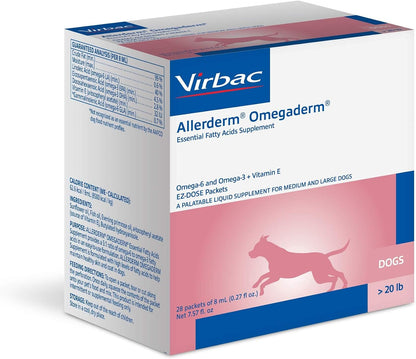 Back packaging of Allerderm Omegaderm supplement detailing the optimal five to one ratio of fatty acids and vitamin E.