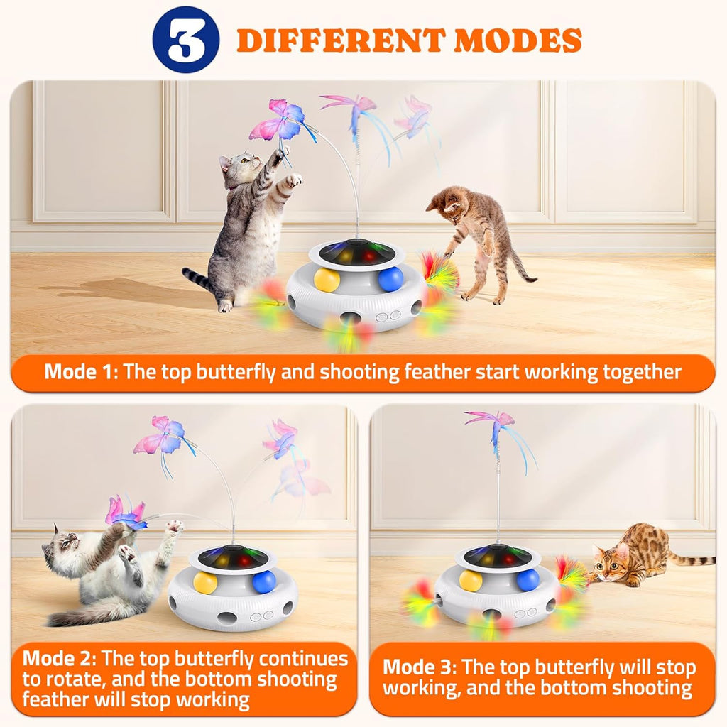 Rechargeable indoor cat toy showing the random shooting ambush feather mechanism