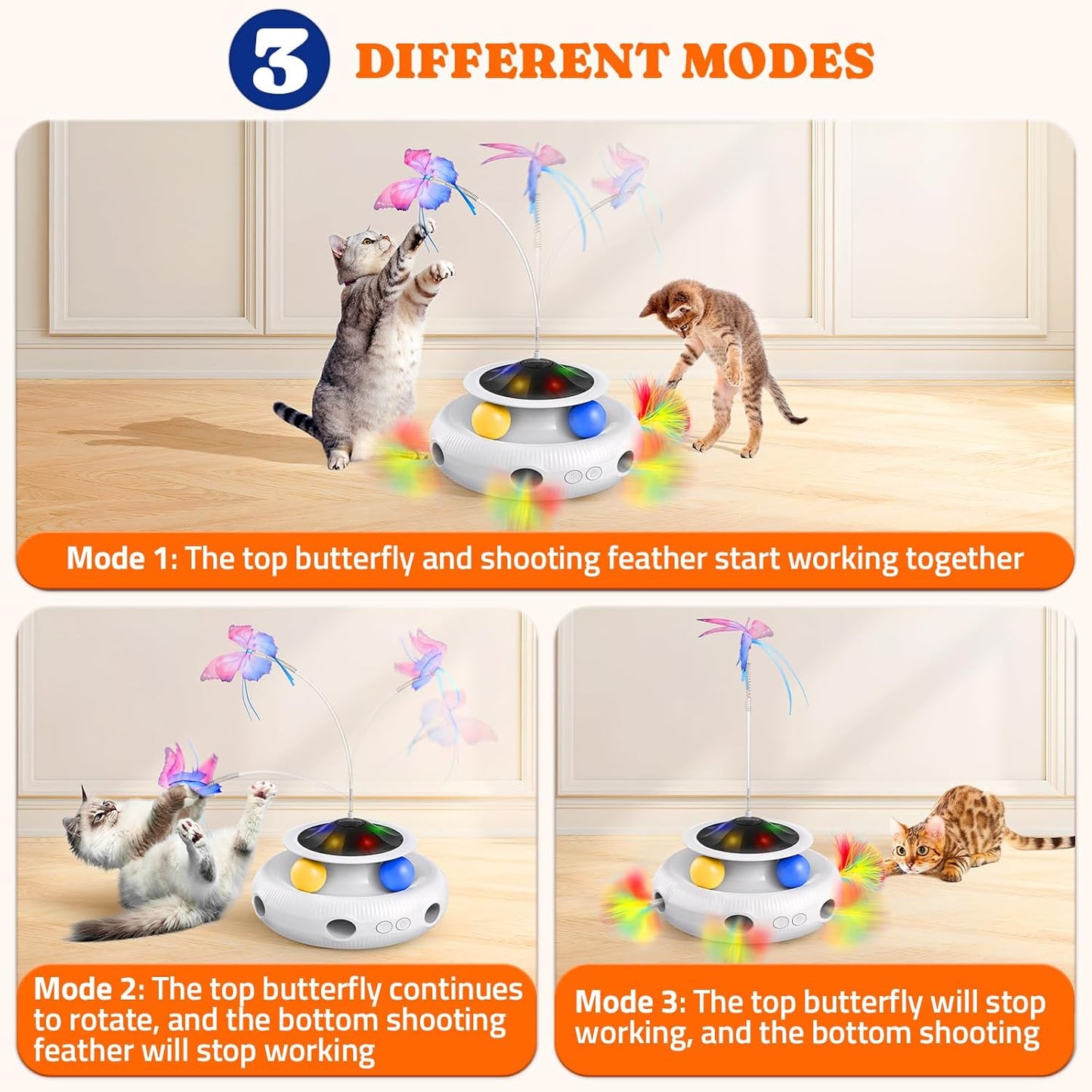 Rechargeable indoor cat toy showing the random shooting ambush feather mechanism
