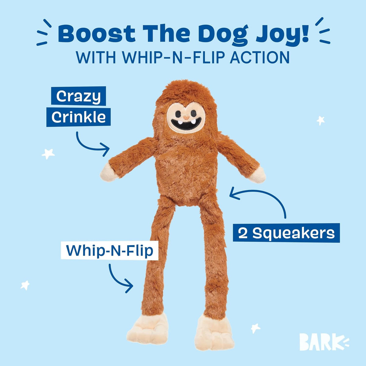 Barkbox Sasquatch Josh toy being held to show whip-n-flip arms
