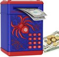 Pupidiu spider fingerprint piggy bank blue front view showcasing the automated cash slot and numeric keypad.