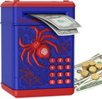 Pupidiu spider fingerprint piggy bank blue front view showcasing the automated cash slot and numeric keypad.