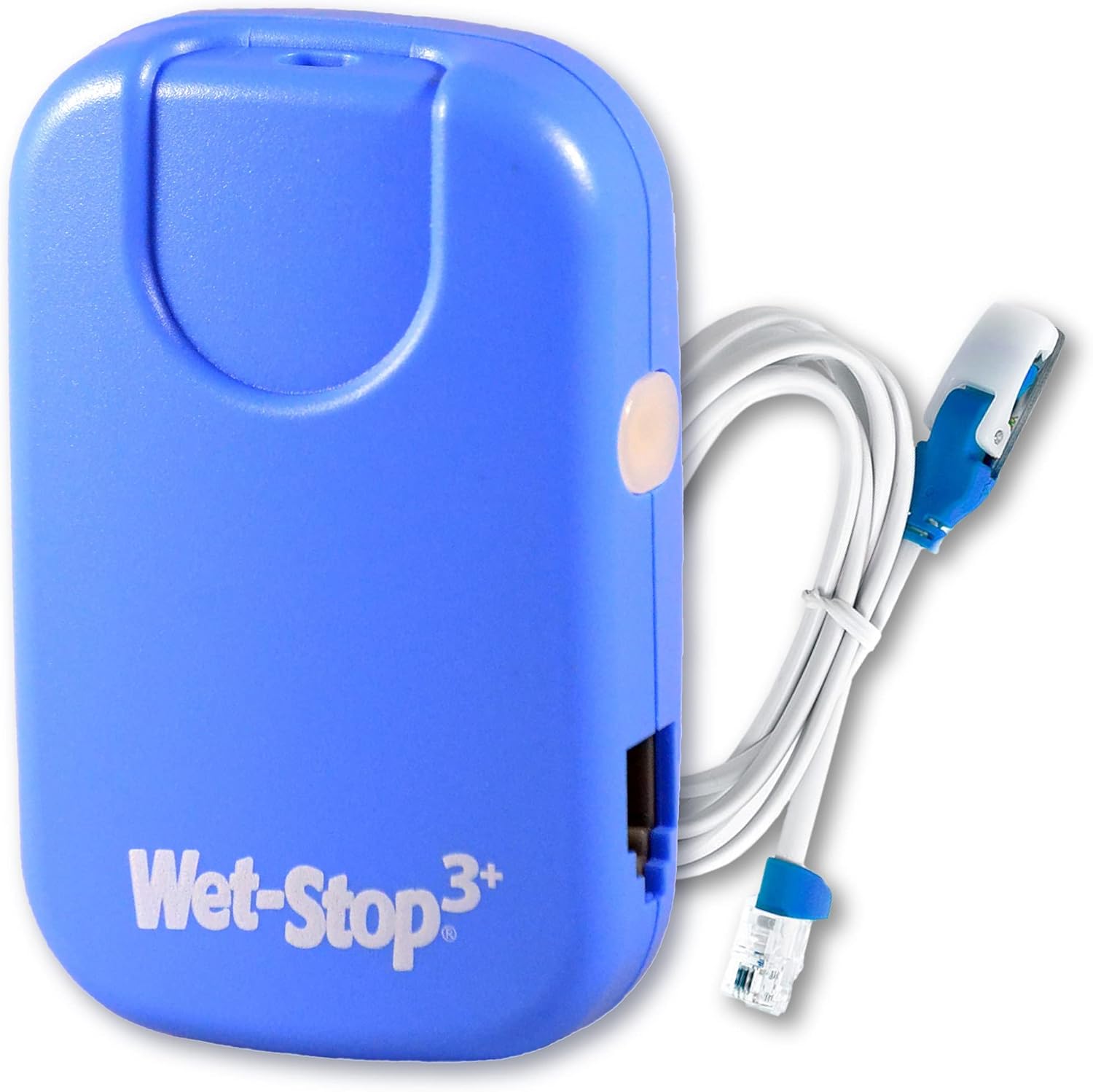 Wet-Stop 3 Blue Bedwetting Enuresis Alarm front view showing the compact wearable device and clip-on sensor cord