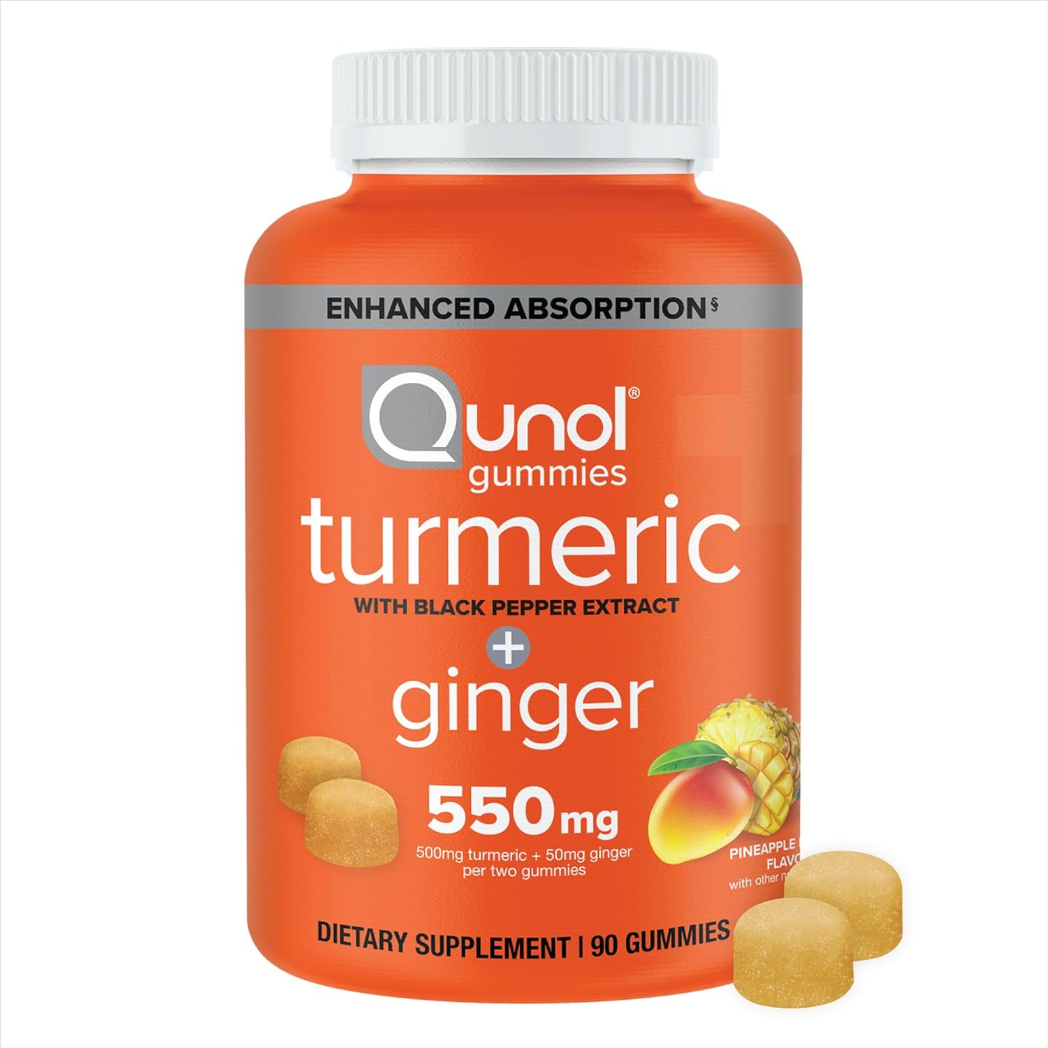 Qunol Turmeric and Ginger with Black Pepper 90 Gummies front bottle view for joint health support