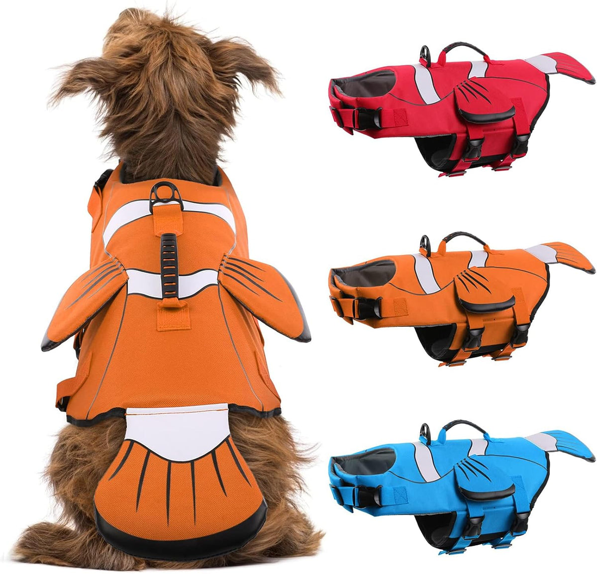 DENTRUN dog life jacket front view showing the bright orange clownfish design on a swimming pup.