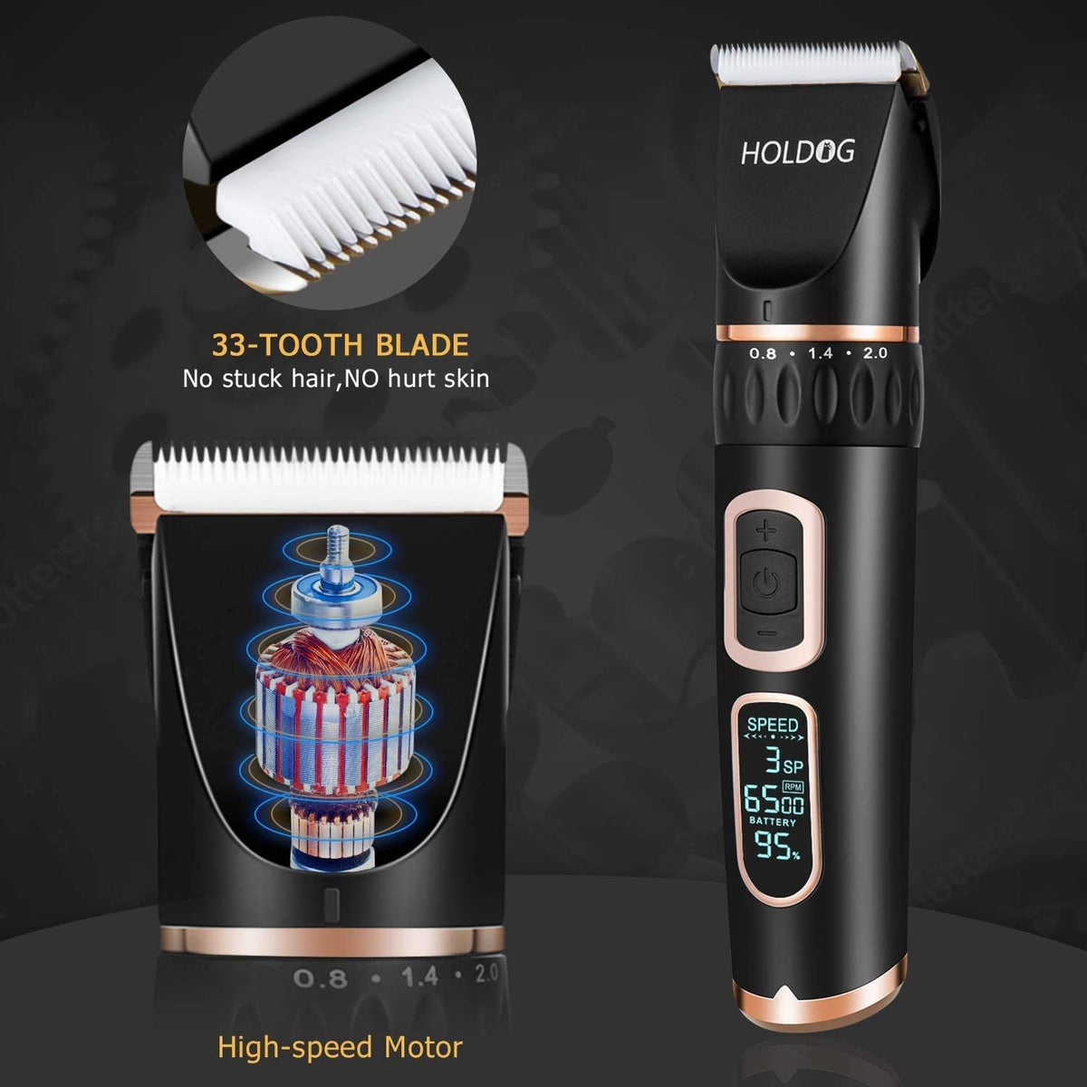HOLDOG quiet pet hair trimmer showing the battery indicator and speed settings