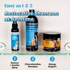 Pet Honesty chlorhexidine shampoo bottle next to a dog for size reference