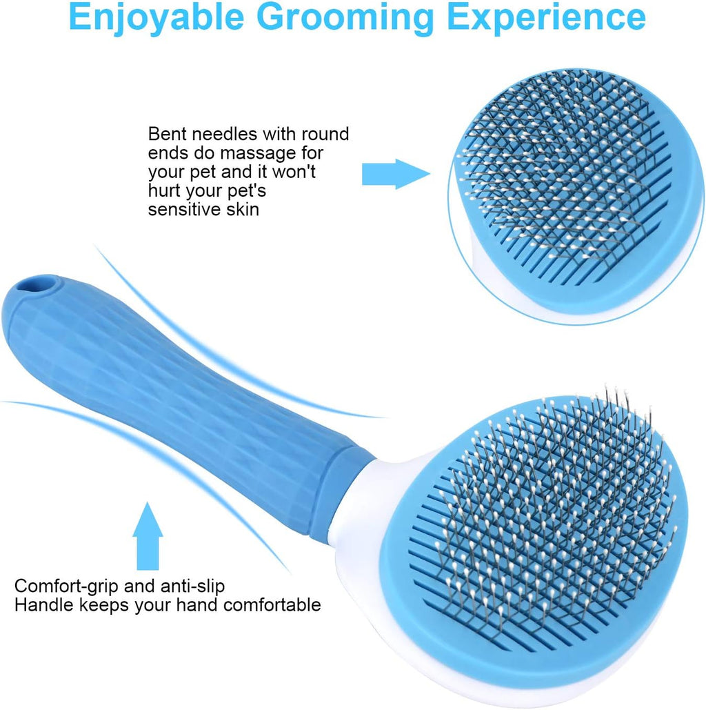 Depets pet grooming brush close up view of stainless steel pins with rounded protective tips